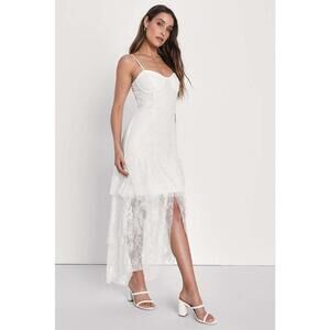 Lulus Elaborate Love White Lace Bustier Tiered High-Low Maxi Dress Size M